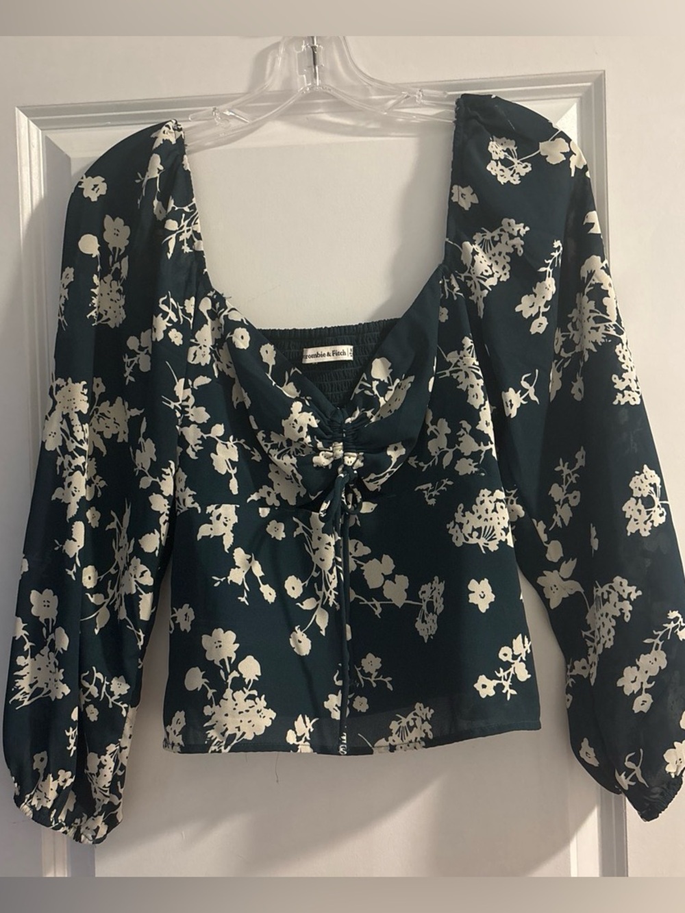 Floral Tie-Front Long Sleeve Top - Dark Green and Cream